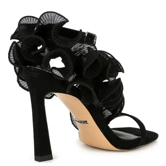 Gianni Bini Franz Sandals High Heels Size 6 Black Suede Chiffon Ruffle NEW - Picture 2 of 15